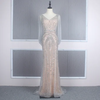 Haut De Gamme Champagne Robe De Soirée 2020 Trompette Sirène V Cou Sans Manches Perlage Train De Balayage Volants Dos Nu Robe De Ceremonie