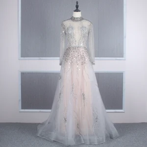 Illusion Grey See Through Evening Dresses 2020 A Line Princess High Neck Long Sleeve Sequins Beading Floor Length Long Ruffle Formal Dresses