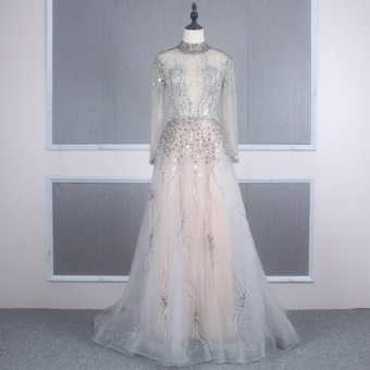 Illusion Grey See Through Evening Dresses 2020 A Line Princess High Neck Long Sleeve Sequins Beading Floor Length Long Ruffle Formal Dresses