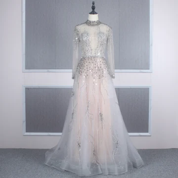Illusion Grey See Through Evening Dresses 2020 A Line Princess High Neck Long Sleeve Sequins Beading Floor Length Long Ruffle Formal Dresses