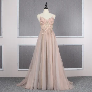 High End Champagne See Through Evening Dresses 2020 A Line Princess Spaghetti Straps Sleeveless Beading Rhinestone Sweep Train Backless Ruffle Formal Dresses