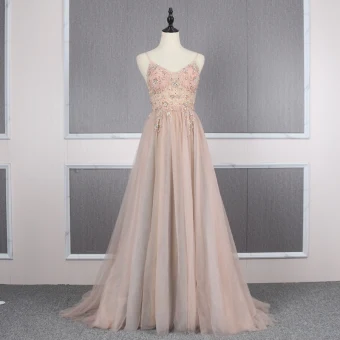 High End Champagne See Through Evening Dresses 2020 A Line Princess Spaghetti Straps Sleeveless Beading Rhinestone Sweep Train Backless Ruffle Formal Dresses