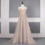 High End Champagner Durchsichtige Abendkleider 2020 A Linie Spaghettiträger Ärmellos Perlenstickerei Strass Sweep / Pinsel Zug Rückenfreies Rüschen Festliche Kleider