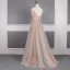 High End Champagner Durchsichtige Abendkleider 2020 A Linie Spaghettiträger Ärmellos Perlenstickerei Strass Sweep / Pinsel Zug Rückenfreies Rüschen Festliche Kleider