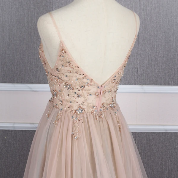 High End Champagner Durchsichtige Abendkleider 2020 A Linie Spaghettiträger Ärmellos Perlenstickerei Strass Sweep / Pinsel Zug Rückenfreies Rüschen Festliche Kleider