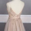 High End Champagner Durchsichtige Abendkleider 2020 A Linie Spaghettiträger Ärmellos Perlenstickerei Strass Sweep / Pinsel Zug Rückenfreies Rüschen Festliche Kleider