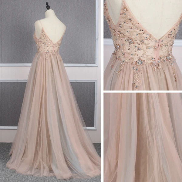 High End Champagner Durchsichtige Abendkleider 2020 A Linie Spaghettiträger Ärmellos Perlenstickerei Strass Sweep / Pinsel Zug Rückenfreies Rüschen Festliche Kleider