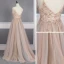 High End Champagner Durchsichtige Abendkleider 2020 A Linie Spaghettiträger Ärmellos Perlenstickerei Strass Sweep / Pinsel Zug Rückenfreies Rüschen Festliche Kleider