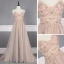High End Champagner Durchsichtige Abendkleider 2020 A Linie Spaghettiträger Ärmellos Perlenstickerei Strass Sweep / Pinsel Zug Rückenfreies Rüschen Festliche Kleider