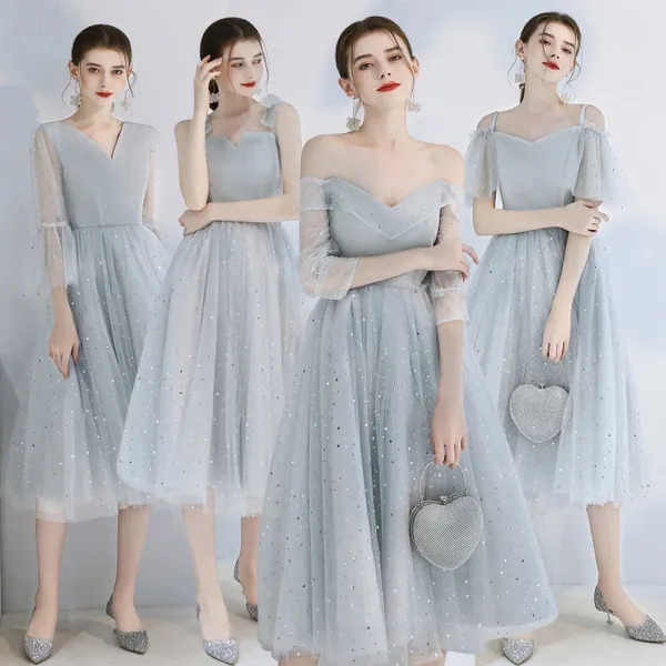 Affordable Grey Bridesmaid Dresses 2020 A-Line / Princess Backless Sequins Tea-length Ruffle