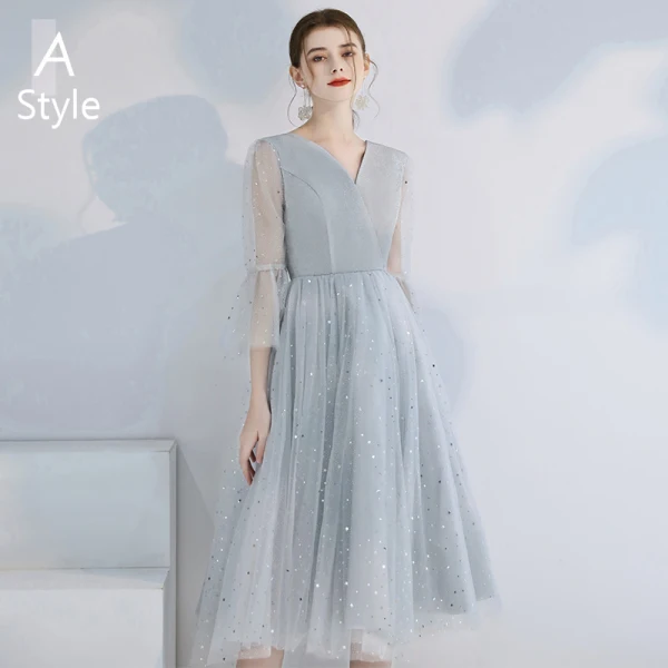 Affordable Grey Bridesmaid Dresses 2020 A-Line / Princess Backless Sequins Tea-length Ruffle