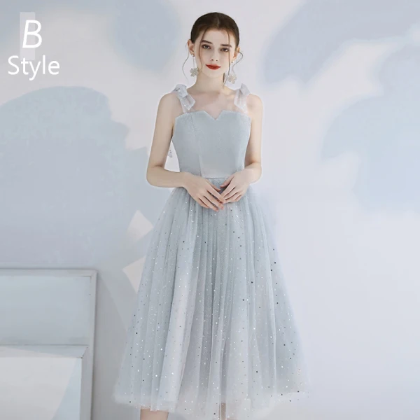 Affordable Grey Bridesmaid Dresses 2020 A-Line / Princess Backless Sequins Tea-length Ruffle
