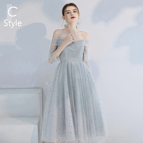 Affordable Grey Bridesmaid Dresses 2020 A-Line / Princess Backless Sequins Tea-length Ruffle