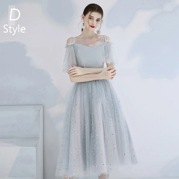 Affordable Grey Bridesmaid Dresses 2020 A-Line / Princess Backless Sequins Tea-length Ruffle