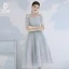 Affordable Grey Bridesmaid Dresses 2020 A-Line / Princess Backless Sequins Tea-length Ruffle