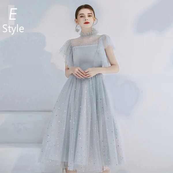 Affordable Grey Bridesmaid Dresses 2020 A-Line / Princess Backless Sequins Tea-length Ruffle