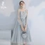 Affordable Grey Bridesmaid Dresses 2020 A-Line / Princess Backless Sequins Tea-length Ruffle