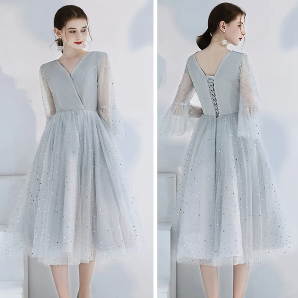 Affordable Grey Bridesmaid Dresses 2020 A-Line / Princess Backless Sequins Tea-length Ruffle