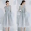 Affordable Grey Bridesmaid Dresses 2020 A-Line / Princess Backless Sequins Tea-length Ruffle