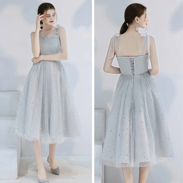 Affordable Grey Bridesmaid Dresses 2020 A-Line / Princess Backless Sequins Tea-length Ruffle