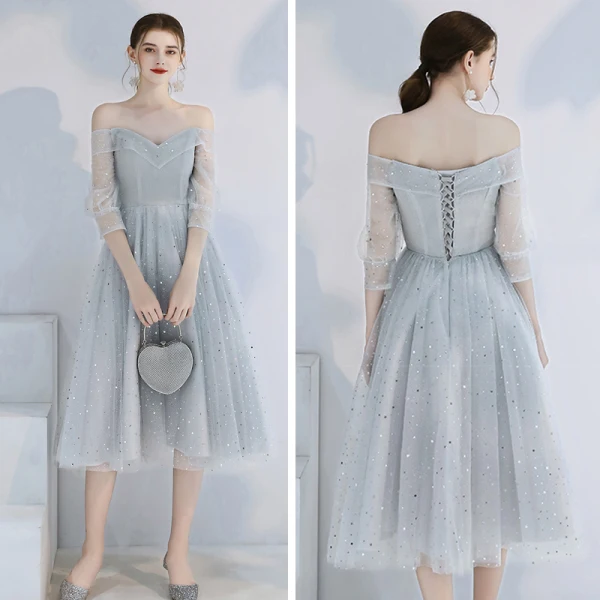 Affordable Grey Bridesmaid Dresses 2020 A-Line / Princess Backless Sequins Tea-length Ruffle