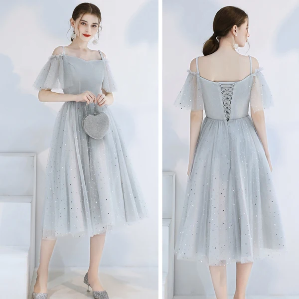 Affordable Grey Bridesmaid Dresses 2020 A-Line / Princess Backless Sequins Tea-length Ruffle