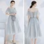 Affordable Grey Bridesmaid Dresses 2020 A-Line / Princess Backless Sequins Tea-length Ruffle