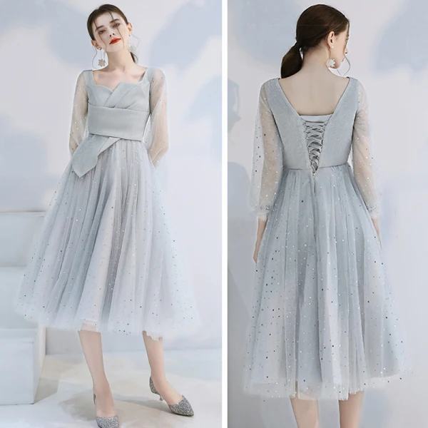 Affordable Grey Bridesmaid Dresses 2020 A-Line / Princess Backless Sequins Tea-length Ruffle