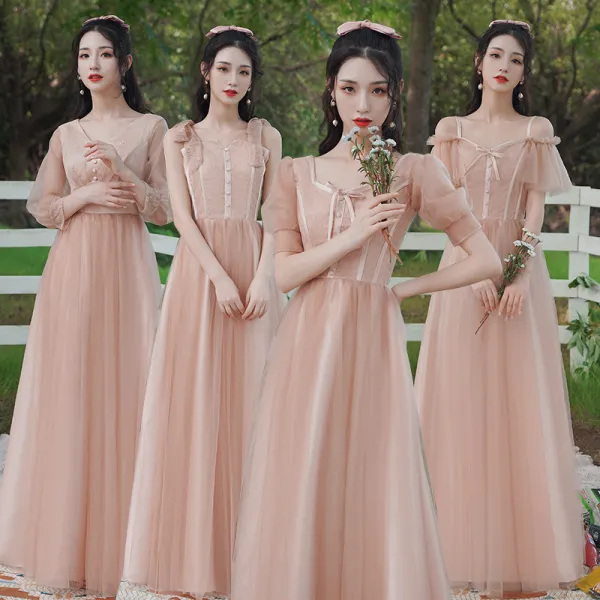 Affordable Pearl Pink Bridesmaid Dresses 2020 A-Line / Princess Backless Floor-Length / Long Ruffle