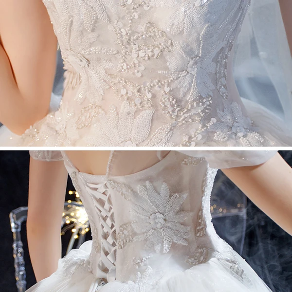 Style Victorien Blanche La Mariée Robe De Mariée 2020 Robe Boule Transparentes Encolure Carrée Gonflée Manches Courtes Dos Nu Perlage Glitter Tulle Cathedral Train Volants