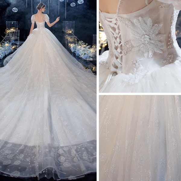 Style Victorien Blanche La Mariée Robe De Mariée 2020 Robe Boule Transparentes Encolure Carrée Gonflée Manches Courtes Dos Nu Perlage Glitter Tulle Cathedral Train Volants