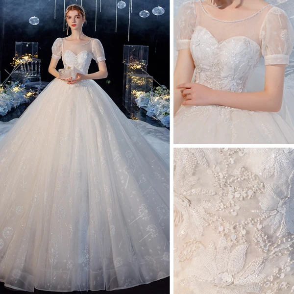 Style Victorien Blanche La Mariée Robe De Mariée 2020 Robe Boule Transparentes Encolure Carrée Gonflée Manches Courtes Dos Nu Perlage Glitter Tulle Cathedral Train Volants