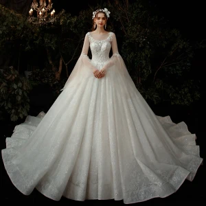 Romantique Champagne Robe De Mariée 2020 Robe Boule Transparentes Encolure Dégagée Manches De Cloche Dos Nu Perlage Glitter Tulle Cathedral Train Volants