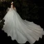 Romantique Champagne Robe De Mariée 2020 Robe Boule Transparentes Encolure Dégagée Manches de cloche Dos Nu Perlage Glitter Tulle Cathedral Train Volants
