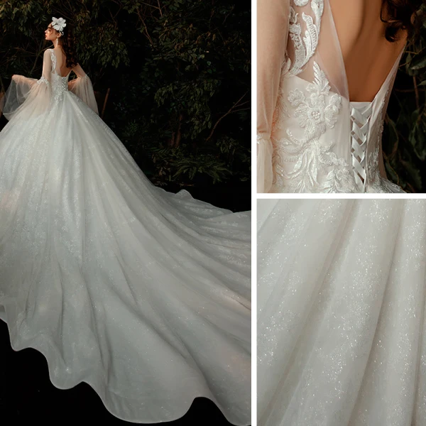 Romantique Champagne Robe De Mariée 2020 Robe Boule Transparentes Encolure Dégagée Manches de cloche Dos Nu Perlage Glitter Tulle Cathedral Train Volants