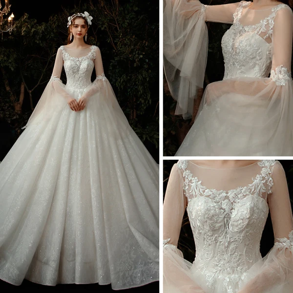 Romantique Champagne Robe De Mariée 2020 Robe Boule Transparentes Encolure Dégagée Manches de cloche Dos Nu Perlage Glitter Tulle Cathedral Train Volants