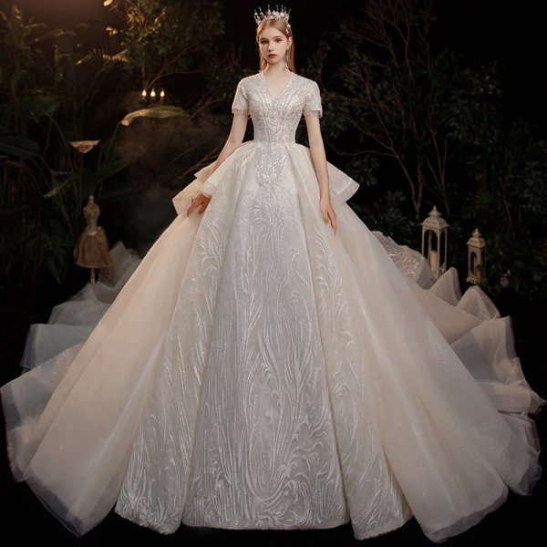 Vintage / Retro Champagne Bridal Wedding Dresses 2020 Ball Gown V-Neck Short Sleeve Backless Appliques Lace Beading Glitter Tulle Cathedral Train Ruffle