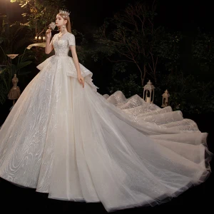 Vintage Originale Champagne La Mariée Robe De Mariée 2020 Robe Boule V Cou Manches Courtes Dos Nu Appliques En Dentelle Perlage Glitter Tulle Cathedral Train Volants