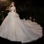 Vintage / Retro Champagne Bridal Wedding Dresses 2020 Ball Gown V-Neck Short Sleeve Backless Appliques Lace Beading Glitter Tulle Cathedral Train Ruffle