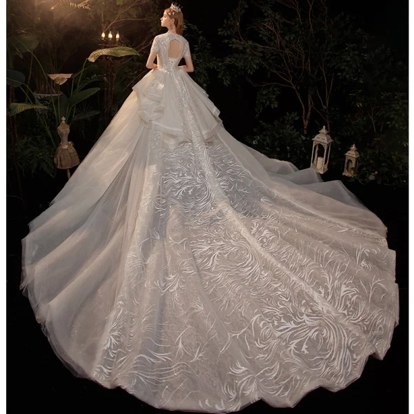 Vintage / Retro Champagne Bridal Wedding Dresses 2020 Ball Gown V-Neck Short Sleeve Backless Appliques Lace Beading Glitter Tulle Cathedral Train Ruffle