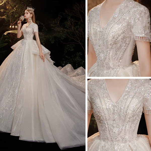 Vintage / Retro Champagne Bridal Wedding Dresses 2020 Ball Gown V-Neck Short Sleeve Backless Appliques Lace Beading Glitter Tulle Cathedral Train Ruffle