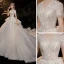 Vintage / Retro Champagne Bridal Wedding Dresses 2020 Ball Gown V-Neck Short Sleeve Backless Appliques Lace Beading Glitter Tulle Cathedral Train Ruffle