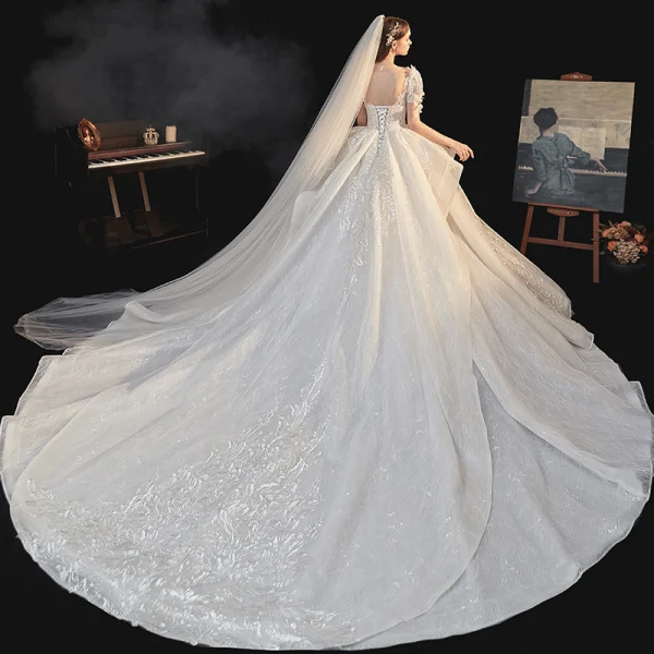 Luxury / Gorgeous White Bridal Wedding Dresses 2020 Ball Gown See-through Scoop Neck Puffy Short Sleeve Backless Appliques Lace Beading Cathedral Train Ruffle