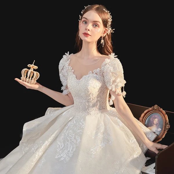 Luxury / Gorgeous White Bridal Wedding Dresses 2020 Ball Gown See-through Scoop Neck Puffy Short Sleeve Backless Appliques Lace Beading Cathedral Train Ruffle
