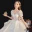 Luxury / Gorgeous White Bridal Wedding Dresses 2020 Ball Gown See-through Scoop Neck Puffy Short Sleeve Backless Appliques Lace Beading Cathedral Train Ruffle