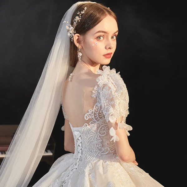 Luxury / Gorgeous White Bridal Wedding Dresses 2020 Ball Gown See-through Scoop Neck Puffy Short Sleeve Backless Appliques Lace Beading Cathedral Train Ruffle
