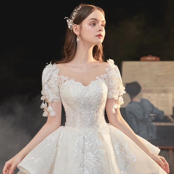 Luxury / Gorgeous White Bridal Wedding Dresses 2020 Ball Gown See-through Scoop Neck Puffy Short Sleeve Backless Appliques Lace Beading Cathedral Train Ruffle