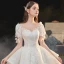Luxury / Gorgeous White Bridal Wedding Dresses 2020 Ball Gown See-through Scoop Neck Puffy Short Sleeve Backless Appliques Lace Beading Cathedral Train Ruffle