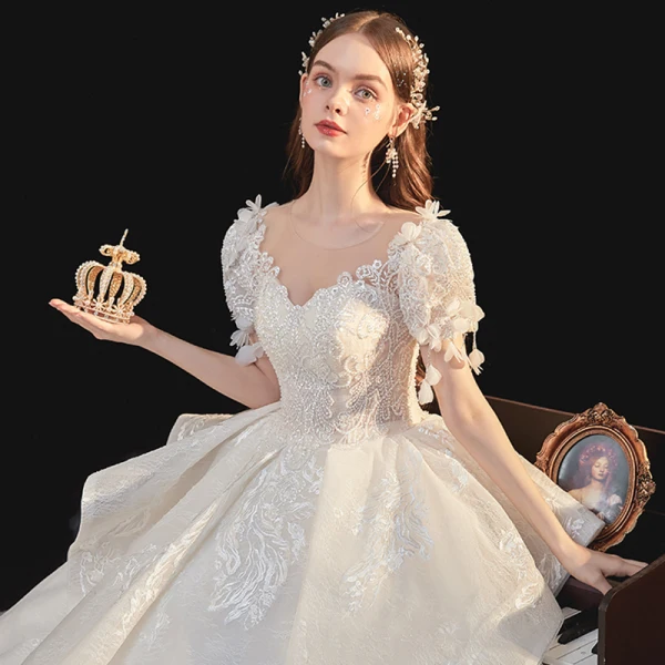 Luxury / Gorgeous White Bridal Wedding Dresses 2020 Ball Gown See-through Scoop Neck Puffy Short Sleeve Backless Appliques Lace Beading Cathedral Train Ruffle