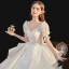 Luxury / Gorgeous White Bridal Wedding Dresses 2020 Ball Gown See-through Scoop Neck Puffy Short Sleeve Backless Appliques Lace Beading Cathedral Train Ruffle